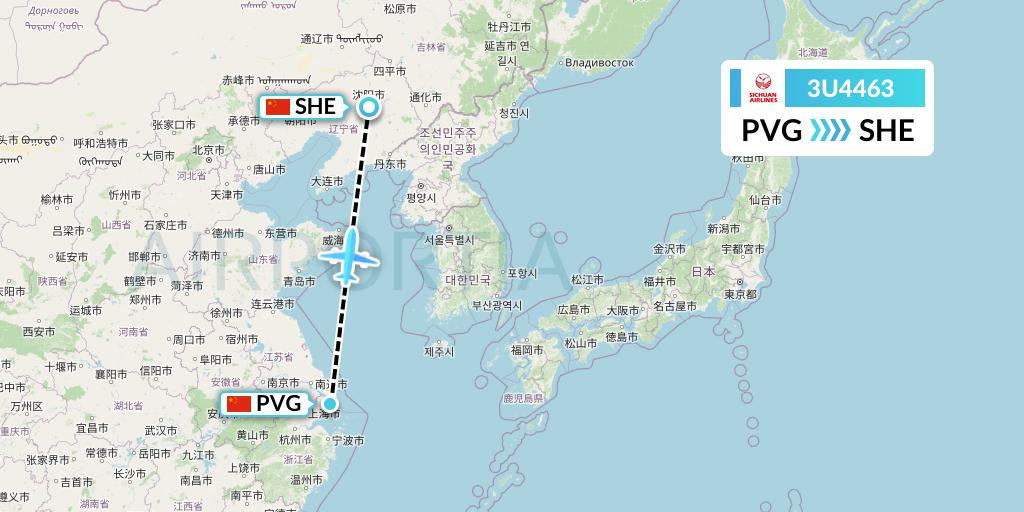 3U4463 Sichuan Airlines Flight Map: Shanghai to Shenyang