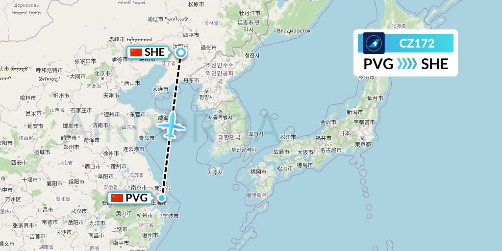 CZ172 China Southern Airlines Flight Map: Shanghai to Shenyang