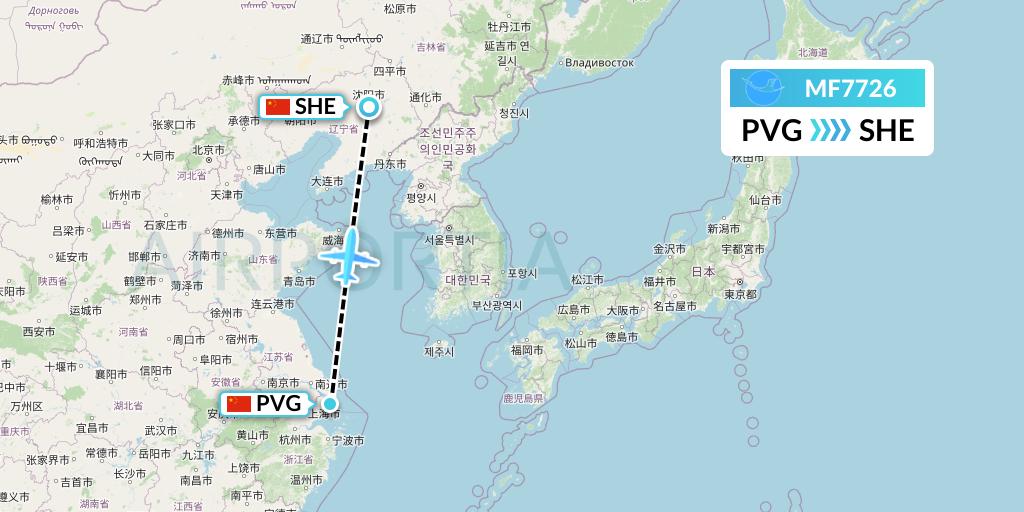 MF7726 Xiamen Airlines Flight Map: Shanghai to Shenyang