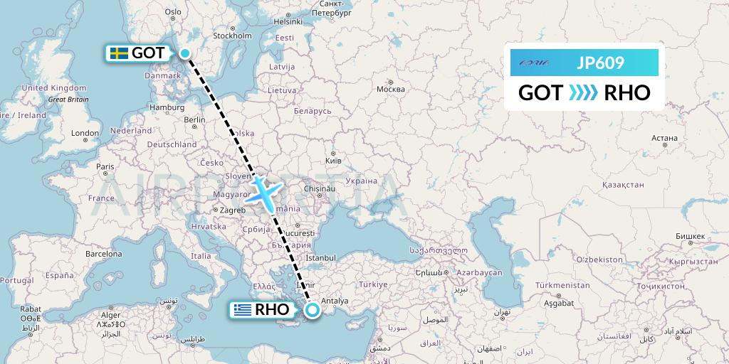 JP609 Adria Airways Flight Map: Gothenburg to Rhodes