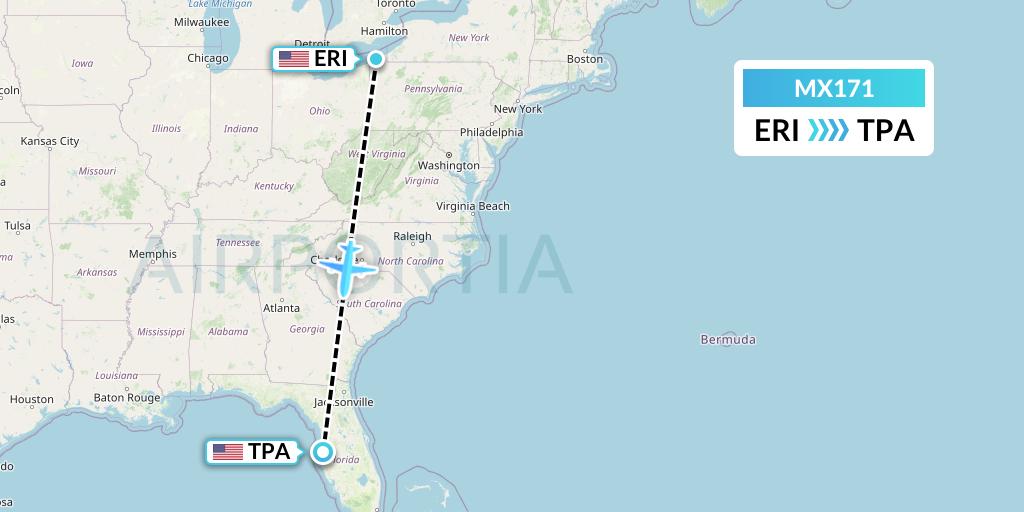 MX171 Breeze Airways Flight Map: Erie to Tampa
