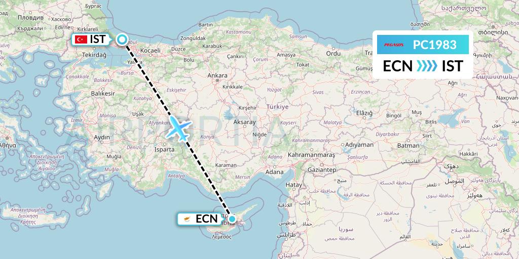 PC1983 Pegasus Airlines Flight Map: Tymvou to Istanbul