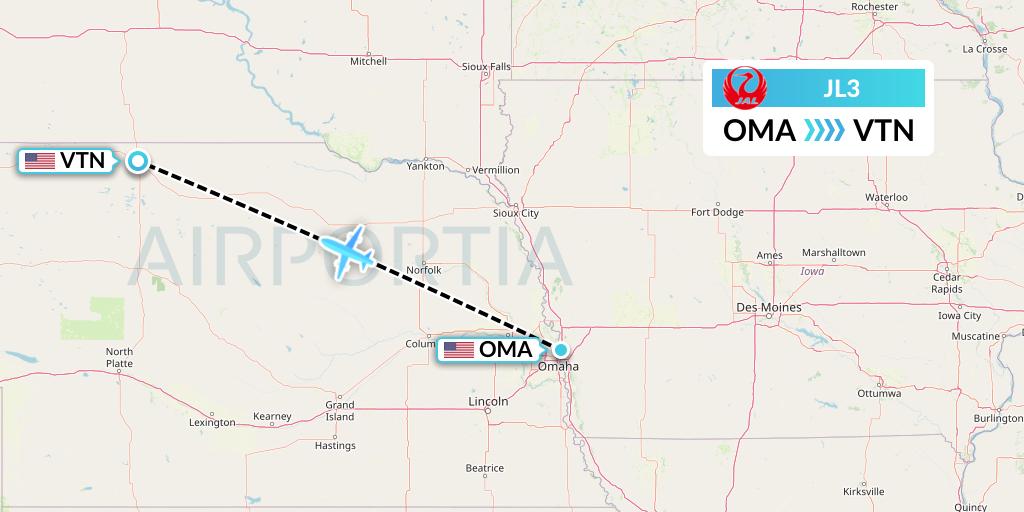 JL3 Japan Airlines Flight Map: Omaha to Valentine