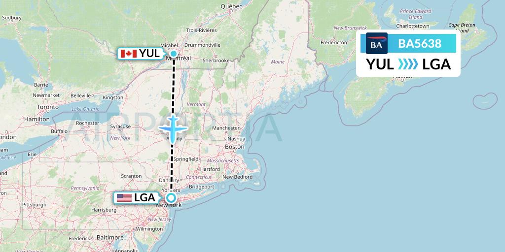 BA5638 British Airways Flight Map: Montreal to New York