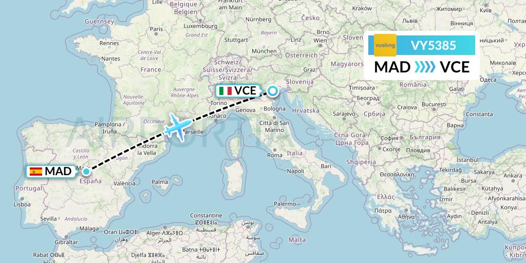 VY5385 Vueling Flight Map: Madrid to Venice