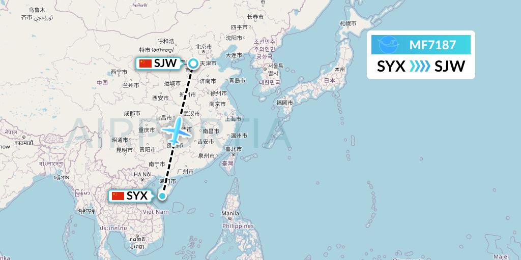MF7187 Xiamen Airlines Flight Map: Sanya to Shijiazhuang