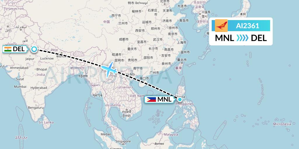 AI2361 Air India Flight Map: Manila to Delhi
