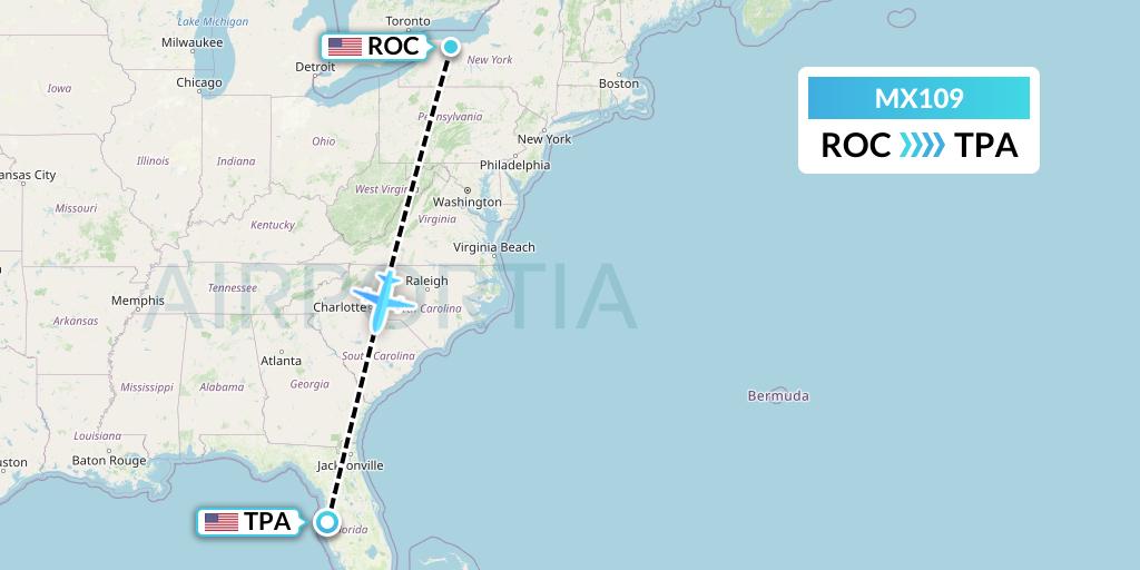 MX109 Breeze Airways Flight Map: Rochester to Tampa