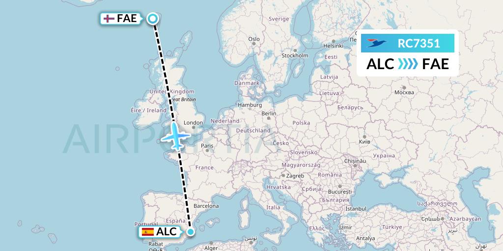 RC7351 Atlantic Airways Flight Map: Alicante to Vagar