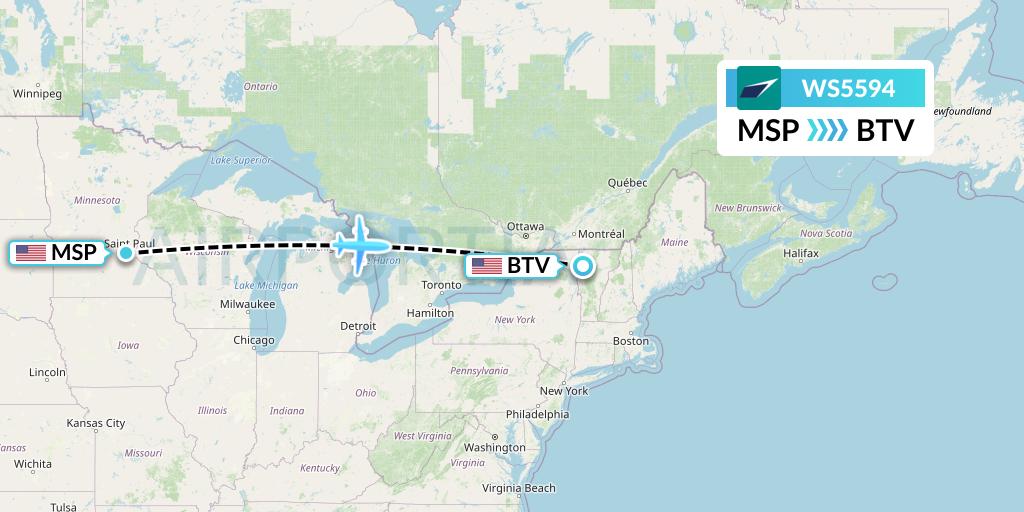 WS5594 WestJet Flight Map: Minneapolis to Burlington