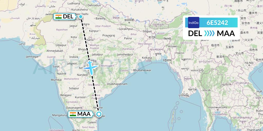 6E5242 IndiGo Airlines Flight Map: Delhi to Chennai