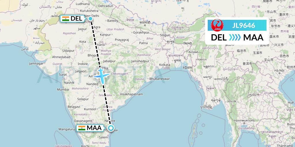 JL9646 Japan Airlines Flight Map: Delhi to Chennai