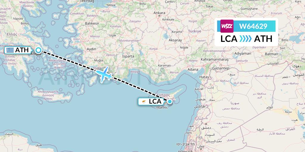 W64629 Wizz Air Flight Map: Larnaca to Athens