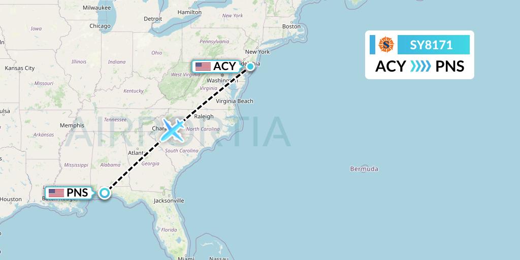 SY8171 Sun Country Airlines Flight Map: Atlantic City to Pensacola