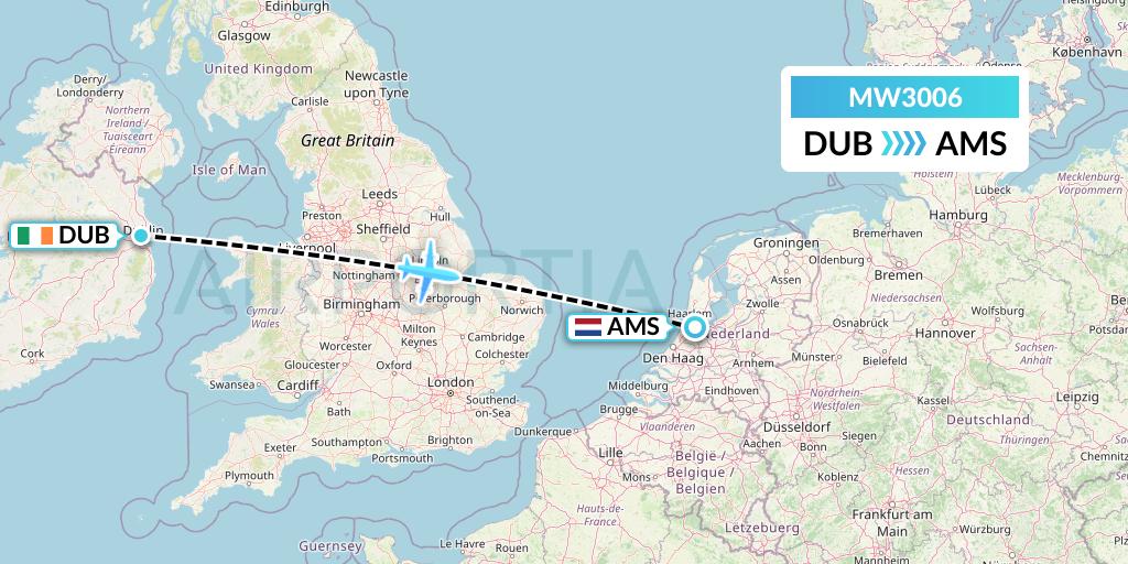 MW3006 Mokulele Flight Service Flight Map: Dublin to Amsterdam