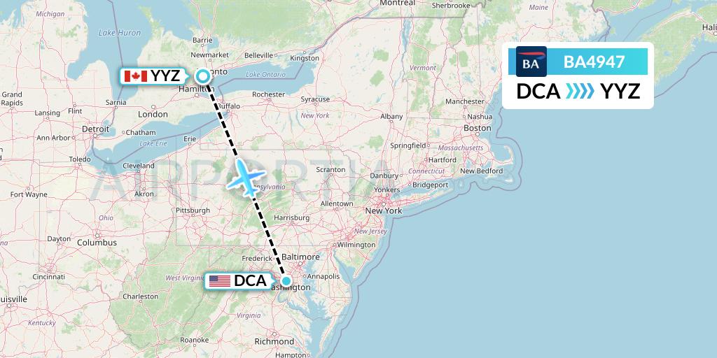 BA4947 British Airways Flight Map: Washington to Toronto