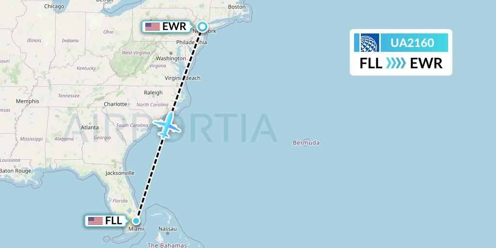 UA2160 United Airlines Flight Map: Fort Lauderdale to New York