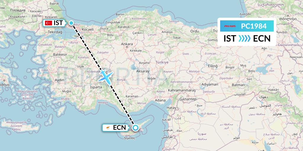 PC1984 Pegasus Airlines Flight Map: Istanbul to Tymvou