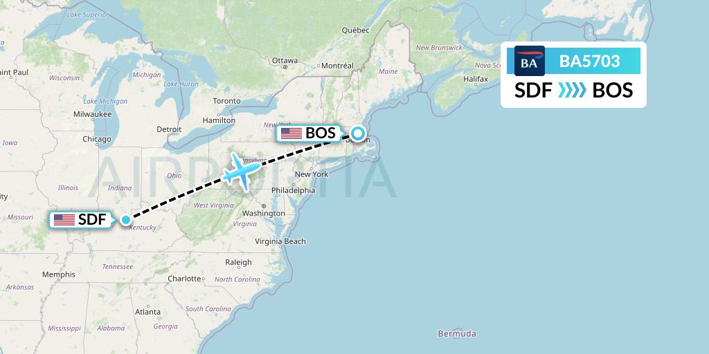 BA5703 British Airways Flight Map: Louisville to Boston