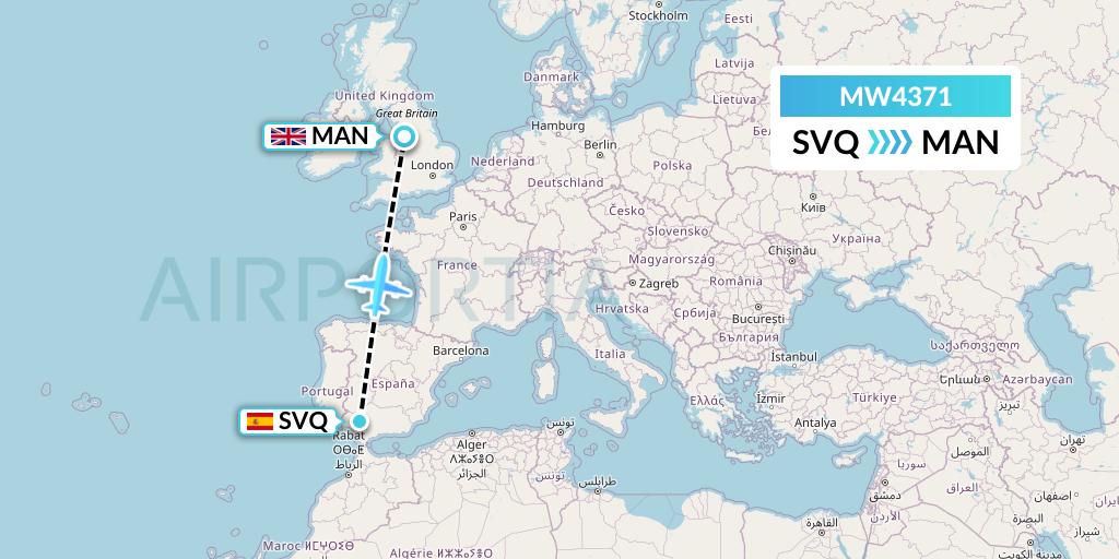 MW4371 Mokulele Flight Service Flight Map: Seville to Manchester