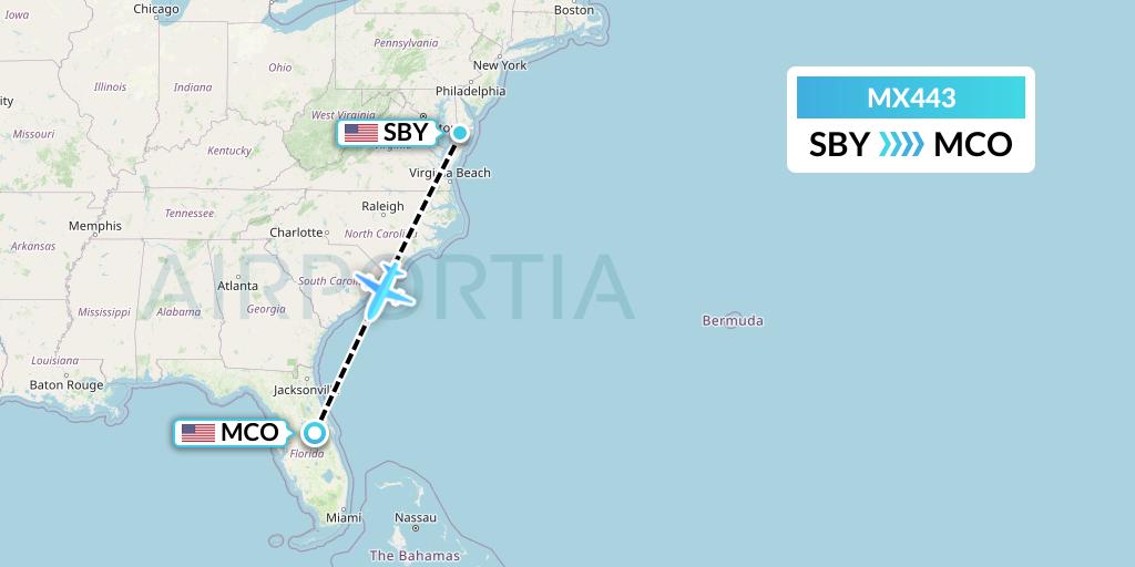 MX443 Breeze Airways Flight Map: Salisbury to Orlando