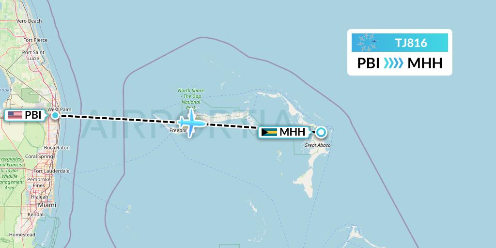 TJ816 Tradewind Aviation Flight Map: West Palm Beach to Marsh Harbour