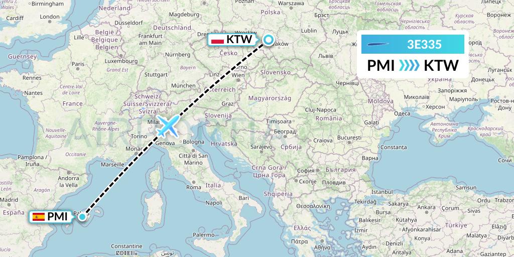3E335 Air Choice One Flight Map: Palma de Mallorca to Katowice