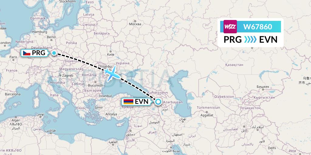 W67860 Wizz Air Flight Map: Prague to Yerevan
