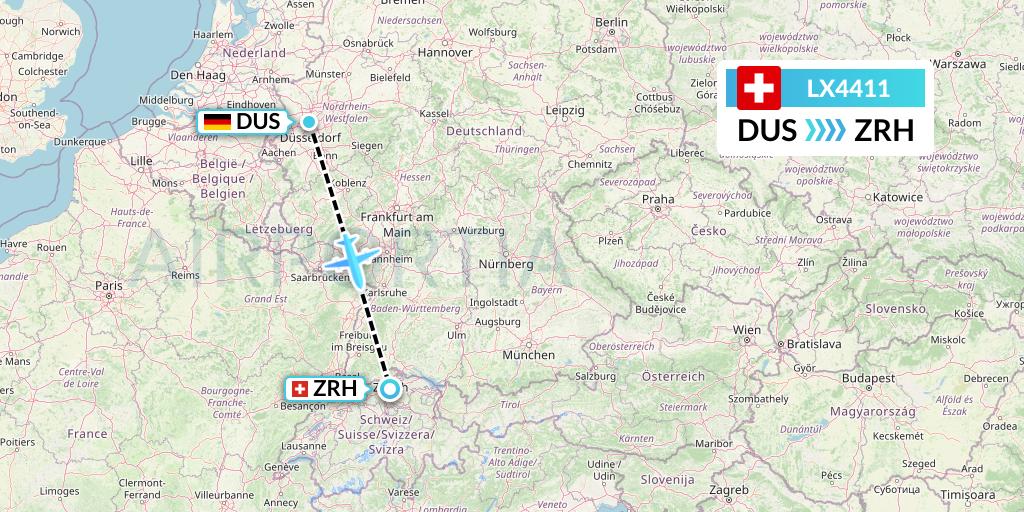LX4411 Swiss Flight Map: Dusseldorf to Zurich