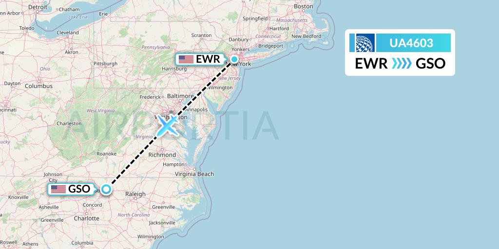 UA4603 United Airlines Flight Map: New York to Greensboro