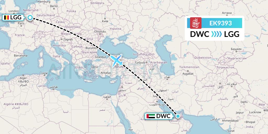 EK9393 Emirates Flight Map: Dubai to Liege
