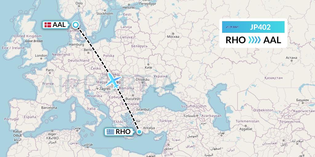 JP402 Adria Airways Flight Map: Rhodes to Aalborg
