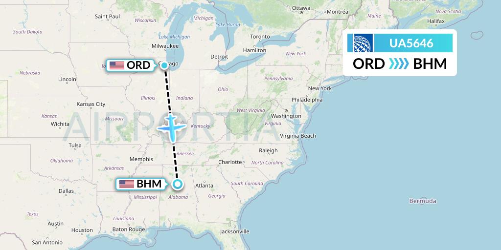 UA5646 United Airlines Flight Map: Chicago to Birmingham