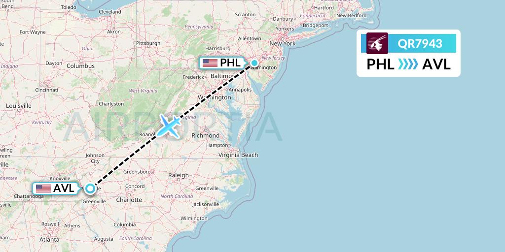 QR7943 Qatar Airways Flight Map: Philadelphia to Asheville