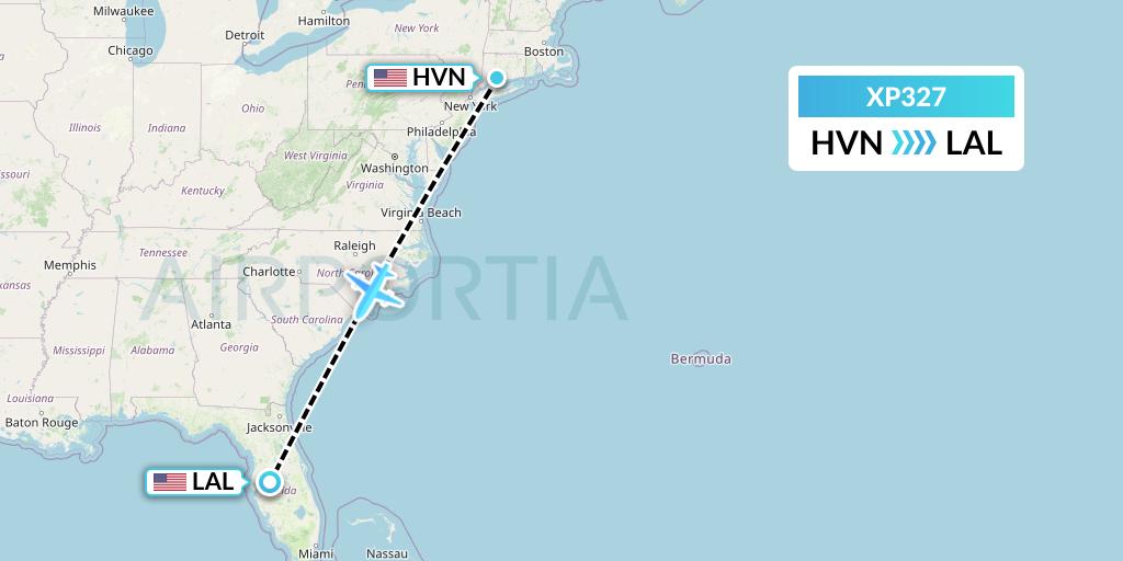 XP327 Avelo Airlines Flight Map: New Haven to Lakeland