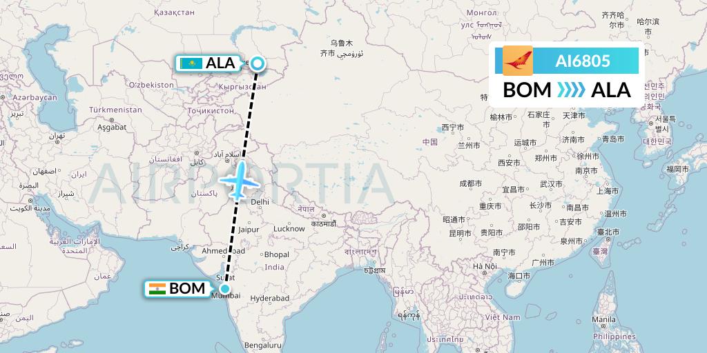 AI6805 Air India Flight Map: Mumbai to Almaty
