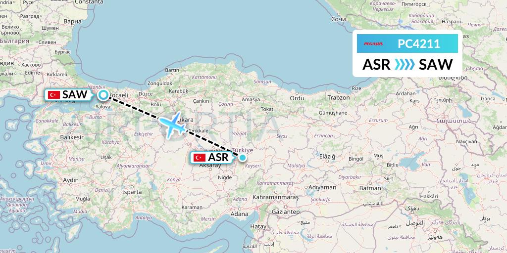 PC4211 Pegasus Airlines Flight Map: Kayseri to Istanbul