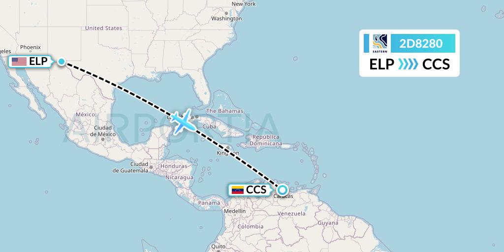 2D8280 Dynamic Airways Flight Map: El Paso to Caracas