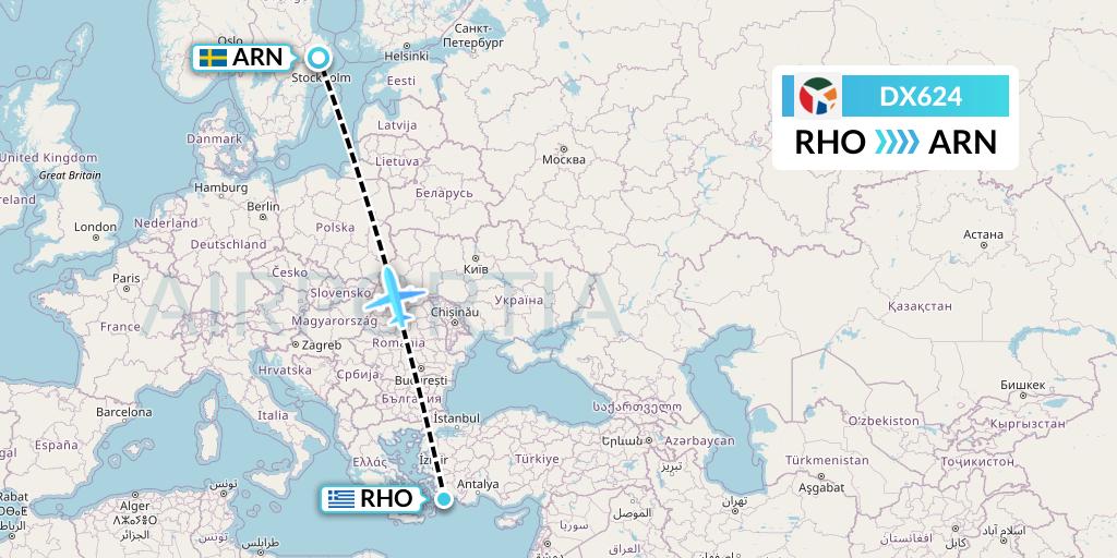 DX624 Danish Air Transport Flight Map: Rhodes to Stockholm