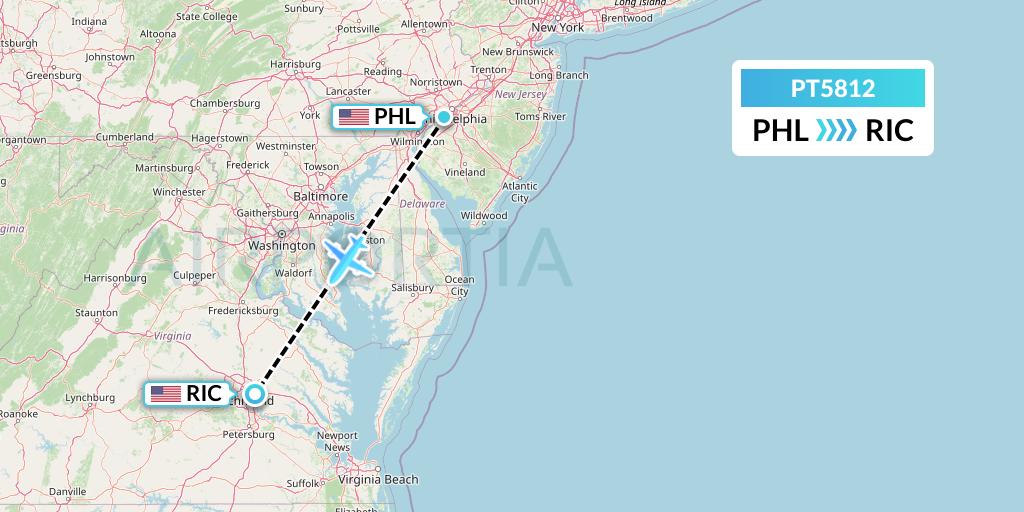 PT5812 Piedmont Airlines Flight Map: Philadelphia to Richmond