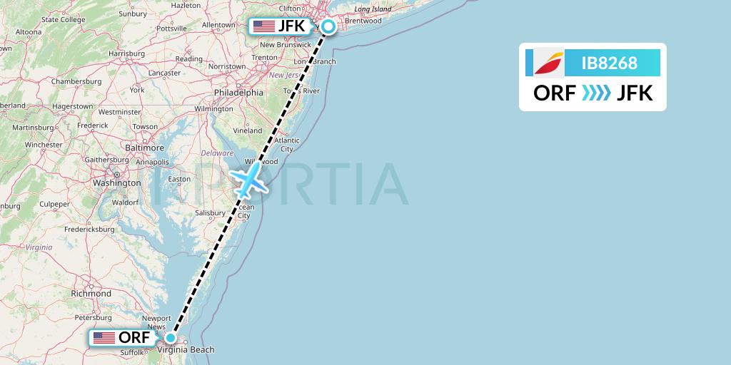IB8268 Iberia Flight Map: Norfolk to New York