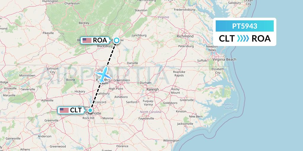 PT5943 Piedmont Airlines Flight Map: Charlotte to Roanoke