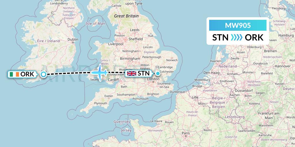 MW905 Mokulele Flight Service Flight Map: London to Cork