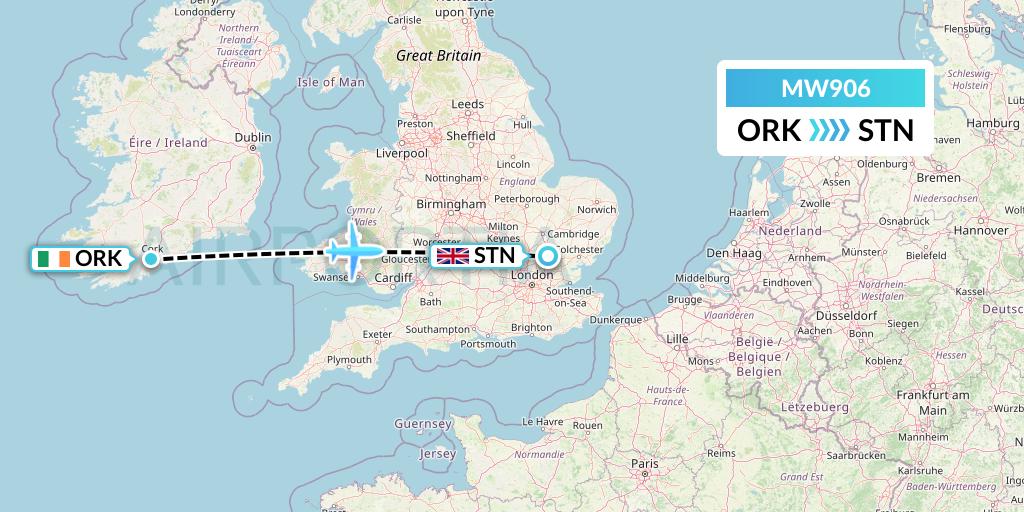MW906 Mokulele Flight Service Flight Map: Cork to London