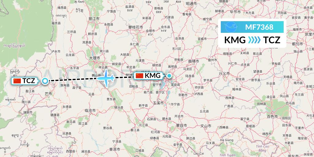 MF7368 Xiamen Airlines Flight Map: Kunming to Tengchong