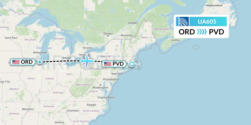 UA605 United Airlines Flight Map: Chicago to Providence