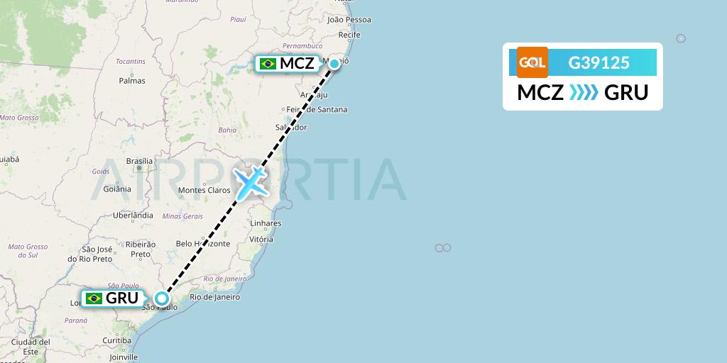 G39125 GOL Transportes Aeros Flight Map: Maceio to Sao Paulo