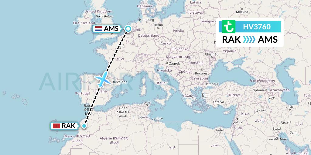 HV3760 Transavia Flight Map: Marrakesh to Amsterdam