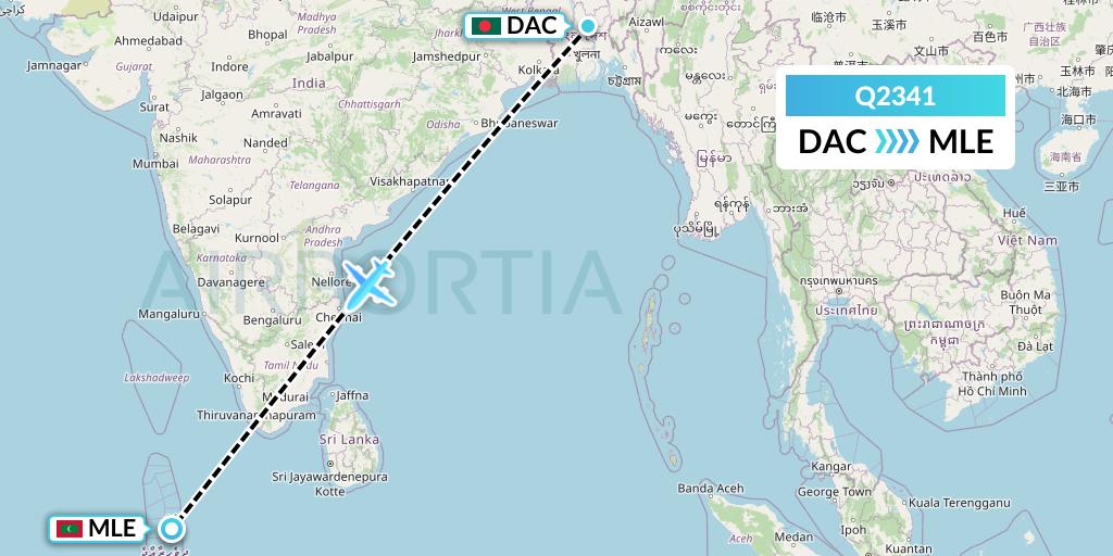 Q2341 Maldivian Flight Map: Dhaka to Male
