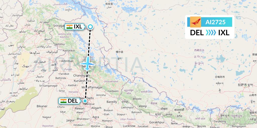 AI2725 Air India Flight Map: Delhi to Leh